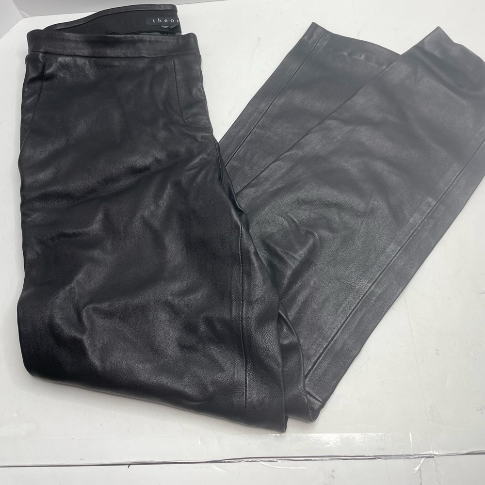 Theory Adbelle Womens Elastic Waistband Skinny Leather Leggings Black W Pockets